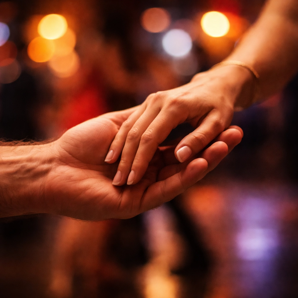 Primer plano de manos de pareja de baile conectándose con confianza, mostrando la técnica de guiar y seguir en salsa y bachata